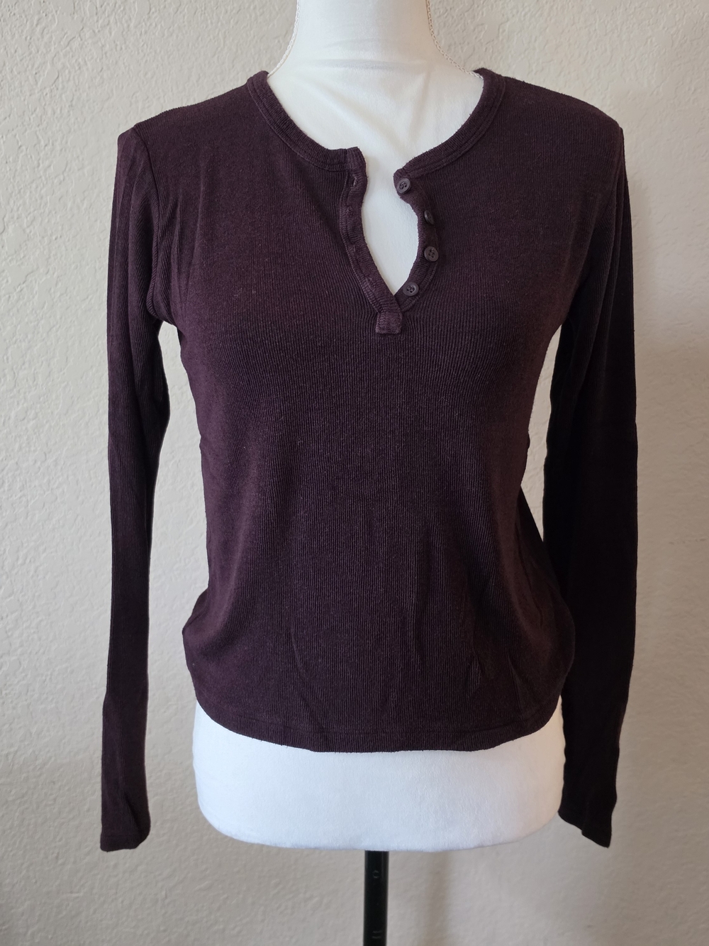 Brandy Melville Burgundy Ribbed Long Sleeve Henley Top OS